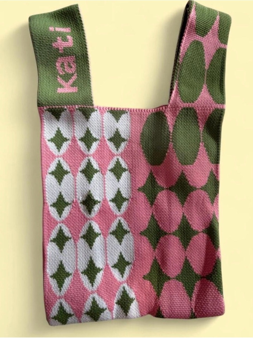 Kati Pink, Olive & White Geometric Knit Tote